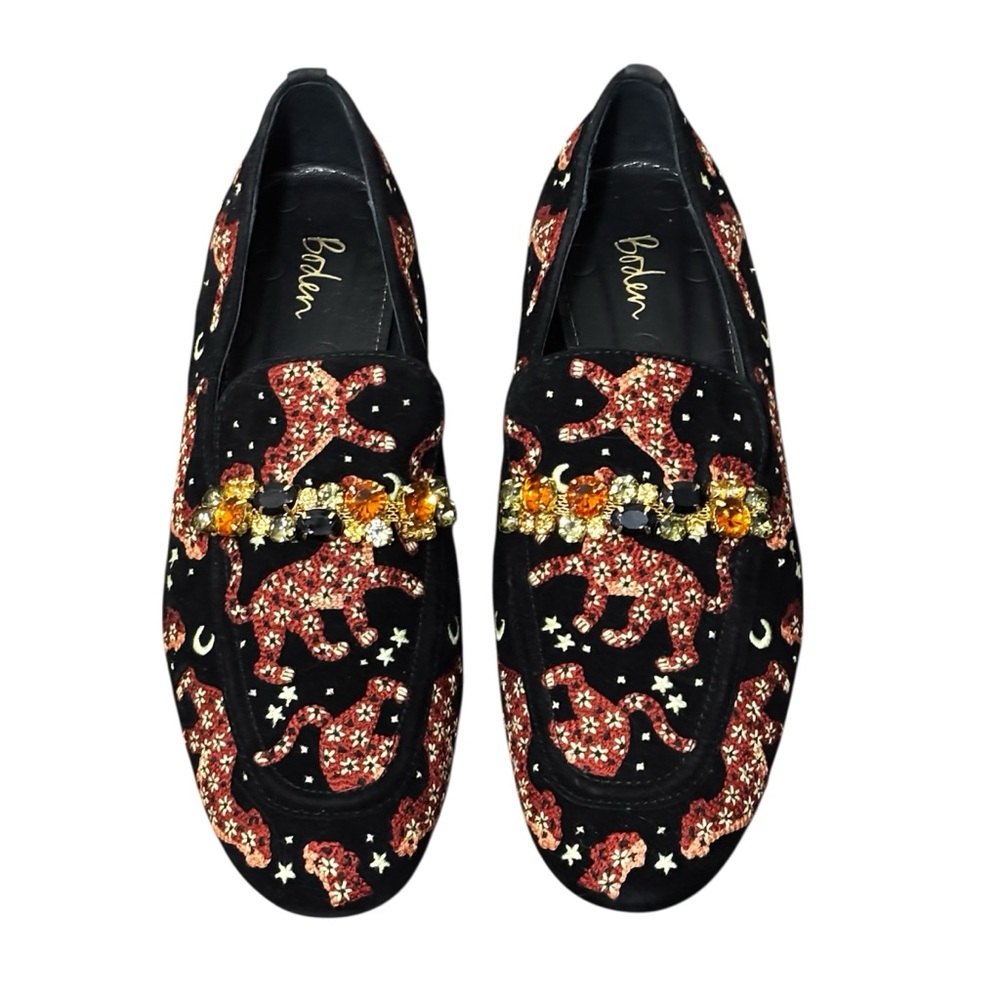 Boden Embellished Loafers, black embroidered cheetah, glass/metal. Women’s 39, 8 - Picture 1 of 9